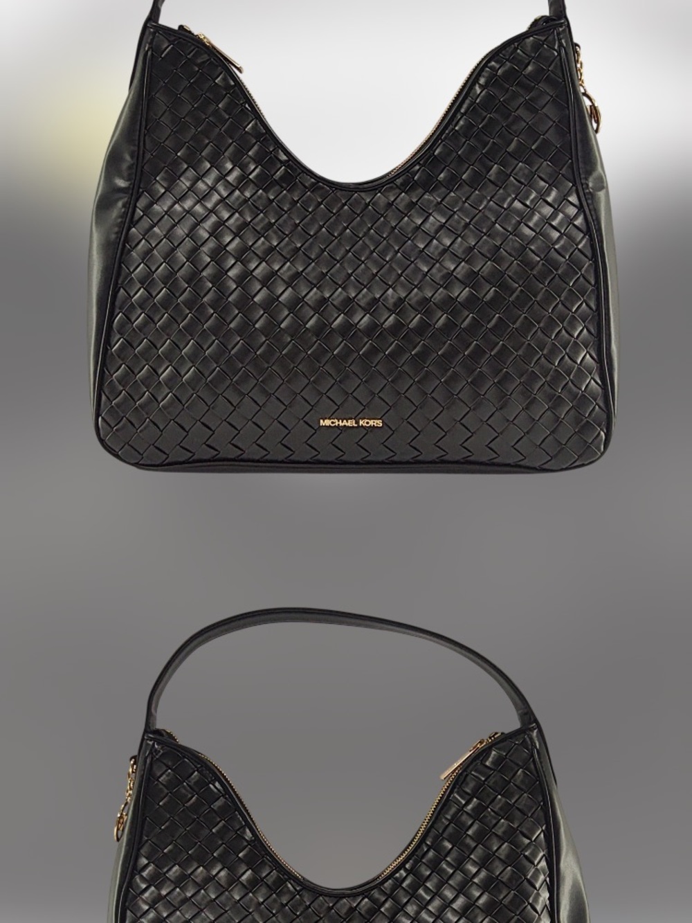 Michael Kors Black Woven Hobo Shoulder Bag with Gold Accents - Picture 4 of 10